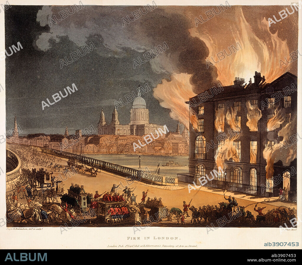 THOMAS ROWLANDSON, J. BLUCK, A. C. PUGIN and RUDOLPH ACKERMANN. Print; coloured aquatint and etching - Fire in London. Date/Period: 1808. Paintings, Prints and Drawings.