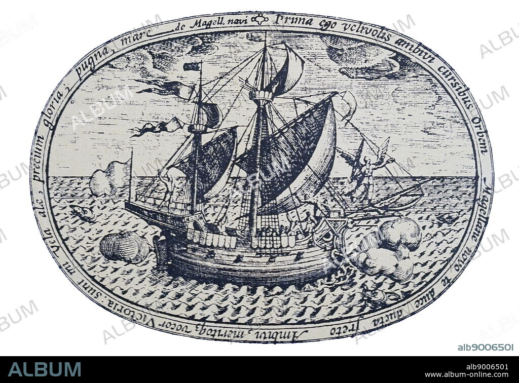 Illustration depicting Ferdinand Magellan's ship 'Victoria'. Ferdinand Magellan (1480-1521) a Portuguese explorer who organised the Spanish expedition to the East Indies. Dated 16th Century.