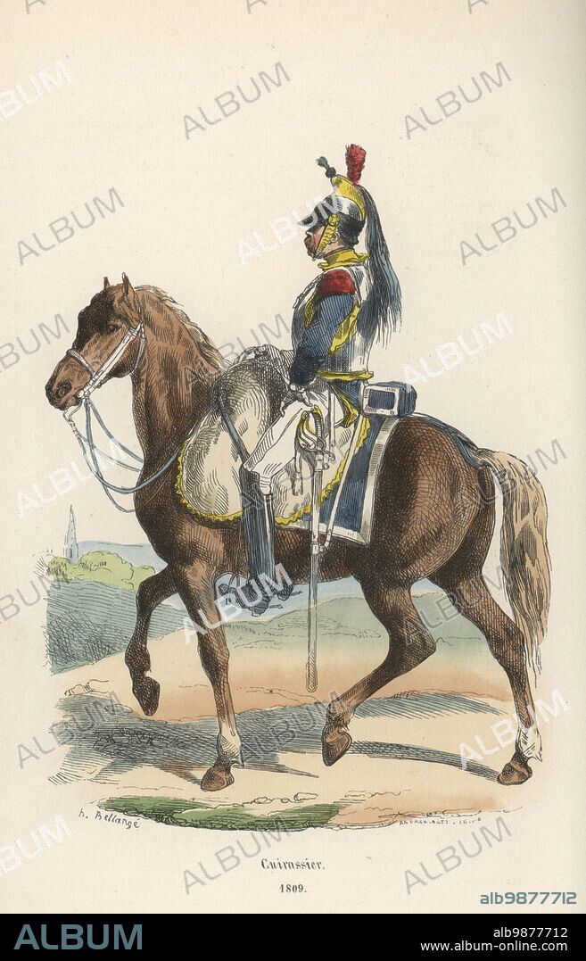 Uniform of a French cuirassier, heavy cavalry, 1809. In steel helmet with brass comb, red plume, steel cuirass over blue coat with red epaulettes and yellow collar (possibly the 7th Cuirassiers regiment). Armed with straight sword. Cuirassier, 1809. Handcoloured woodcut by Andrew Best Leloir after an illustration by Hippolyte Bellangé from P.M. Laurent de lArdeches Histoire de Napoleon, Paris, 1840.