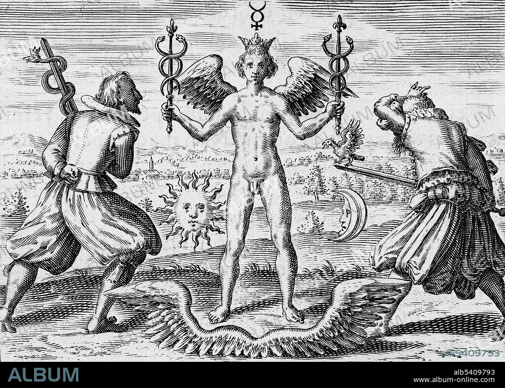 The Second Key of Basil Valentine from the "Twelve Keys of Basil Valentine," an influential alchemical work first published in 1599 by Johann Thölde. It discusses general alchemical principles. Each chapter, or "key," is an allegorical description of one step in the process of creating the philosopher's stone, a legendary alchemical substance capable of turning base metals into gold. Here, a winged man wearing a crown and holding two caducei is approached by two men, one holding a sword with single serpent (i.e. staff of Aesculapius) and the other, a sword with a cock (symbol associated with Aesculapius).