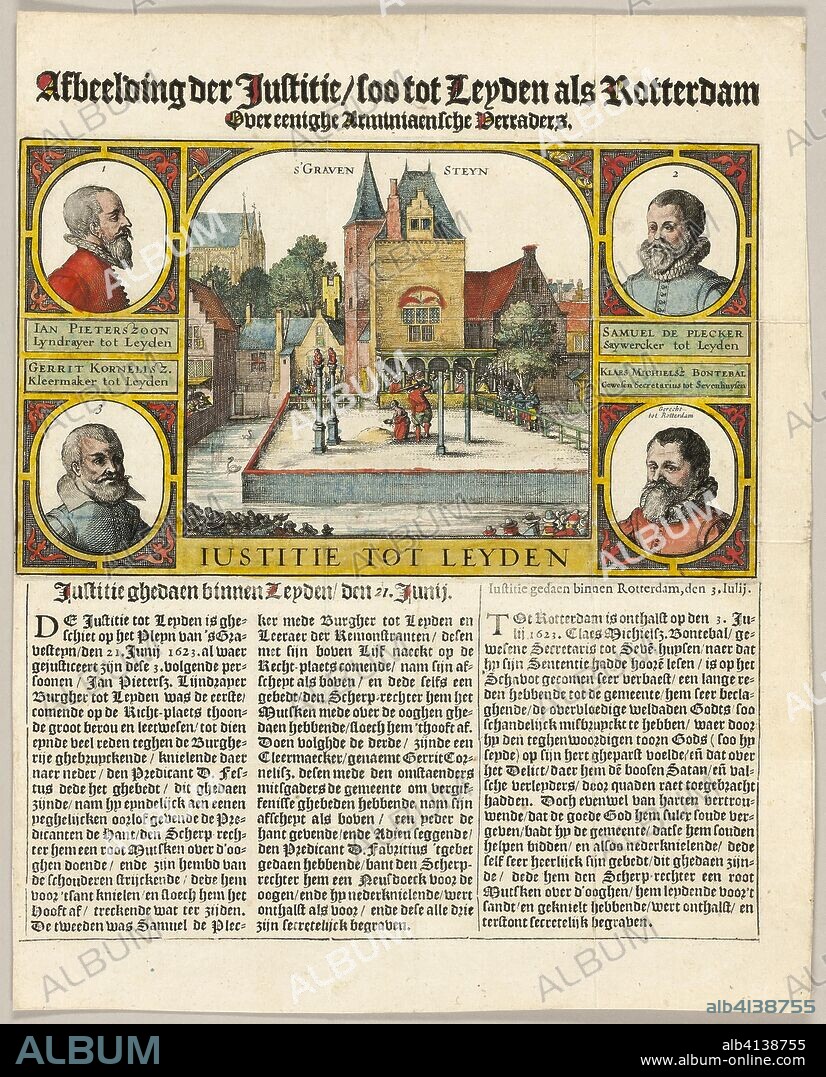 CLAES JANSZ. VISSCHER II. Execution of Arminians in Leiden. Claes Jansz. Visscher; Dutch, 1587-1652. Date: 1623. Dimensions: 136 x 230 mm (image); 311 x 250 mm (sheet, trimmed within plate mark). Hand-colored etching with engraving and letterpress in black on cream laid paper. Origin: Netherlands.