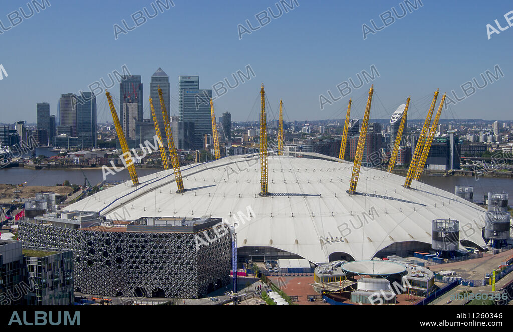 The O2 Arena in Greenwich with Canary Wharf behind, Docklands, London, England, United Kingdom, Europe.