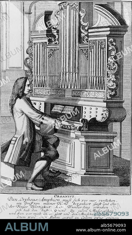 Musik / Instrumente / Tasteninstrumente:. Orgel. "Organist". Kupferstich von Johann Christoph Weigel. (c. 1654-1726). Aus: Musicalisches Theatrum, auf welchen dieser edlen Kunst gehörigen Instrumenta. (..) vorgestellet werden, Nürnberg. (J.C.Weigel) o. J. (1710/20).