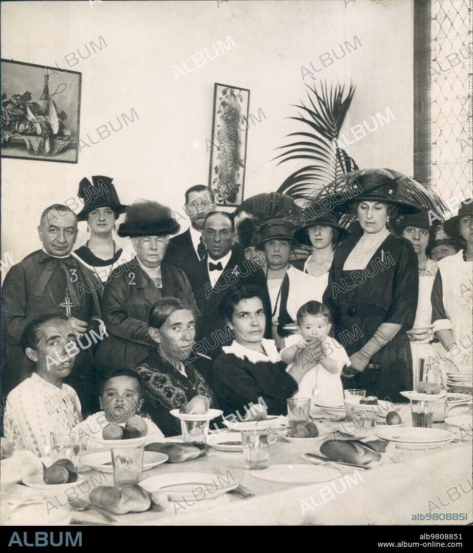 June 17, 1919. Madrid. Yesterday's inauguration. HM Queen Victoria (1), HRH Infanta Isabel (2) and the Bishop, Dr. Melo (3), at the inauguration of the charity dining room paid for by Mr. García Molinas (4) in memory of his ill-fated daughter Maria Luisa.