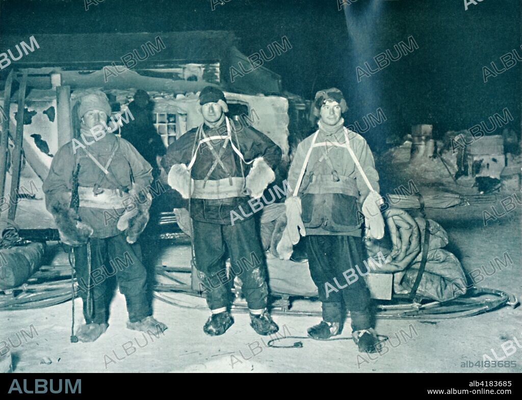 'Bowers, Wilson, and Cherry-Garrard About To Leave For Cafe Crozier', 27 June 1911, (1913). Lieutenant Henry 'Birdie' Bowers (1883-1912), doctor and naturalist Edward Wilson (1872-1912) and zoologist Apsley Cherry-Garrard (1886-1959) setting off on an expedition to collect penguin eggs. The final expedition of British Antarctic explorer Captain Robert Falcon Scott (1868-1912) left London on 1 June 1910 bound for the South Pole. The Terra Nova Expedition, officially the British Antarctic Expedition (1910-1913), included a geologist, a zoologist, a surgeon, a photographer, an engineer, a ski expert, a meteorologist and a physicist among others. Scott wished to continue the scientific work that he had begun when leading the Discovery Expedition to the Antarctic in 1901-04. He also wanted to be the first to reach the geographic South Pole. Scott, accompanied by Dr Edward Wilson, Captain Lawrence Oates, Lieutenant Henry Bowers and Petty Officer Edgar Evans, reached the Pole on 17 January 1912, only to find that the Norwegian expedition under Amundsen had beaten them to their objective by a month. Delayed by blizzards, and running out of supplies, Scott and the remainder of his team died at the end of March. Their bodies and diaries were found eight months later. From Scott's Last Expedition, Volume II. [Smith, Elder & Co., London, 1913].
