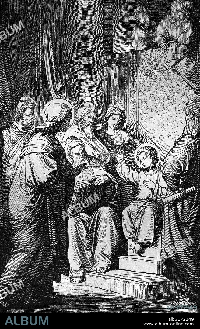 12-year-old jesus in the temple, historical steel engraving from the year 1860.