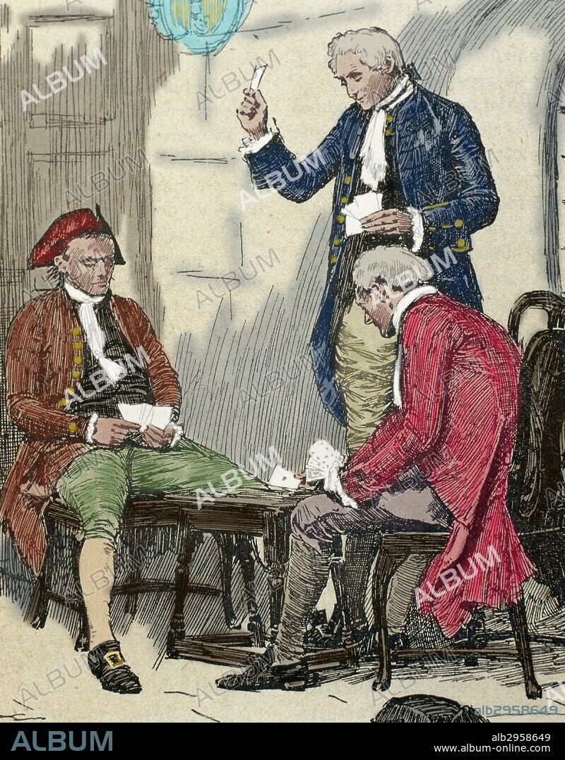 French revolution. 1789-1799. Count of Ferrers playing cards with his jailers before his execution. Engraving.19th century. Colored.