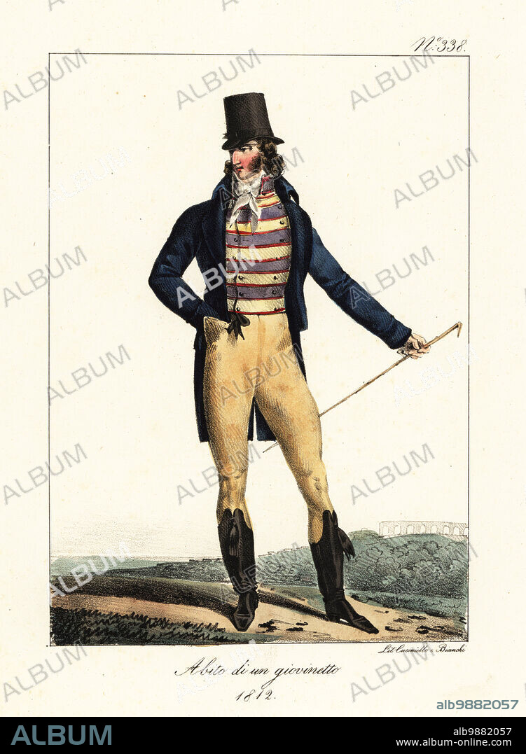 Fashionable French dandy, Napoleonic era, 1812. In top hat, short coat or redingote, cravatte, striped waistcoat, buff breeches, boots and cane. Abito di un giovinetto. Handcoloured lithograph by Lorenzo Bianchi and Domenico Cuciniello after Hippolyte Lecomte from Costumi civili e militari della monarchia francese dal 1200 al 1820, Naples, 1825. Italian edition of Lecomtes Civilian and military costumes of the French monarchy from 1200 to 1820.