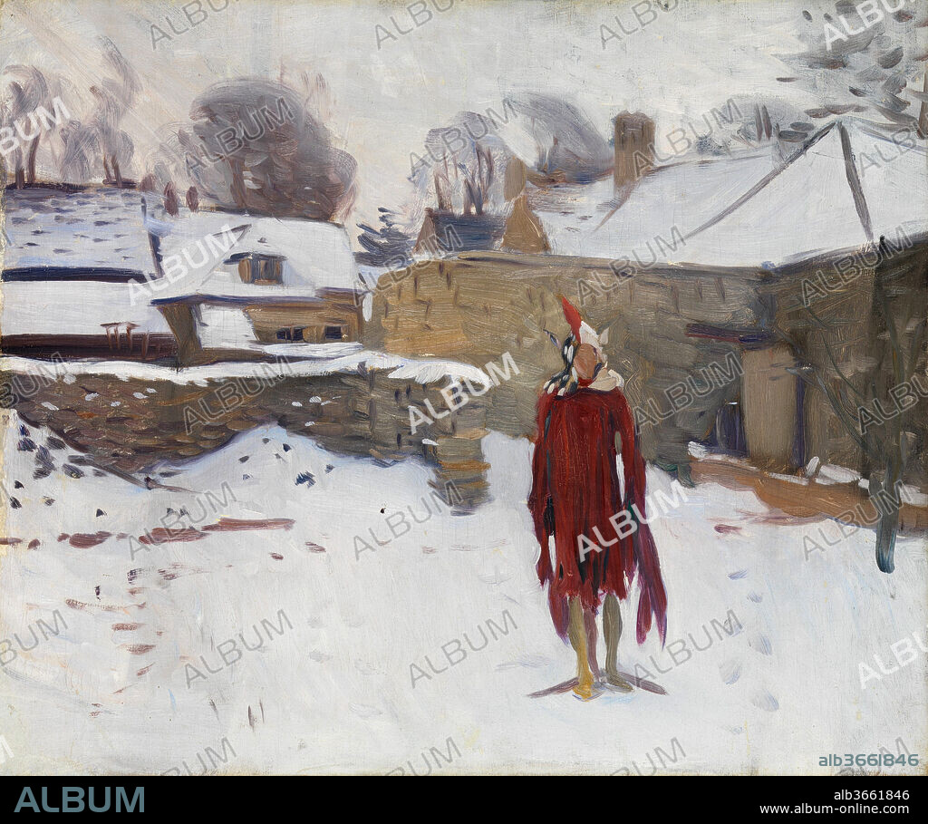 Mannikin in the Snow. Artist: John Singer Sargent (American, Florence 1856-1925 London). Dimensions: 25 x 30 in. (63.5 x 76.2 cm). Date: ca. 1891-93.
Sargent painted this canvas in the company of his fellow expatriate Edwin Austin Abbey in Fairford, Gloucestershire, where the two artists had rented a studio for their work on mural commissions. As a diversion one day, they arranged a mannequin in the snow and painted oil sketches of it from their studio window. The results reveal their dissimilar approaches to art. The critic Royal Cortissoz recalled that Abbey conjured from the mannequin a lifelike medieval troubadour wearing a cloak and a feathered hat (in a painting that has not been located); Sargent, instead, recorded the lifeless dummy that stood before his eyes.