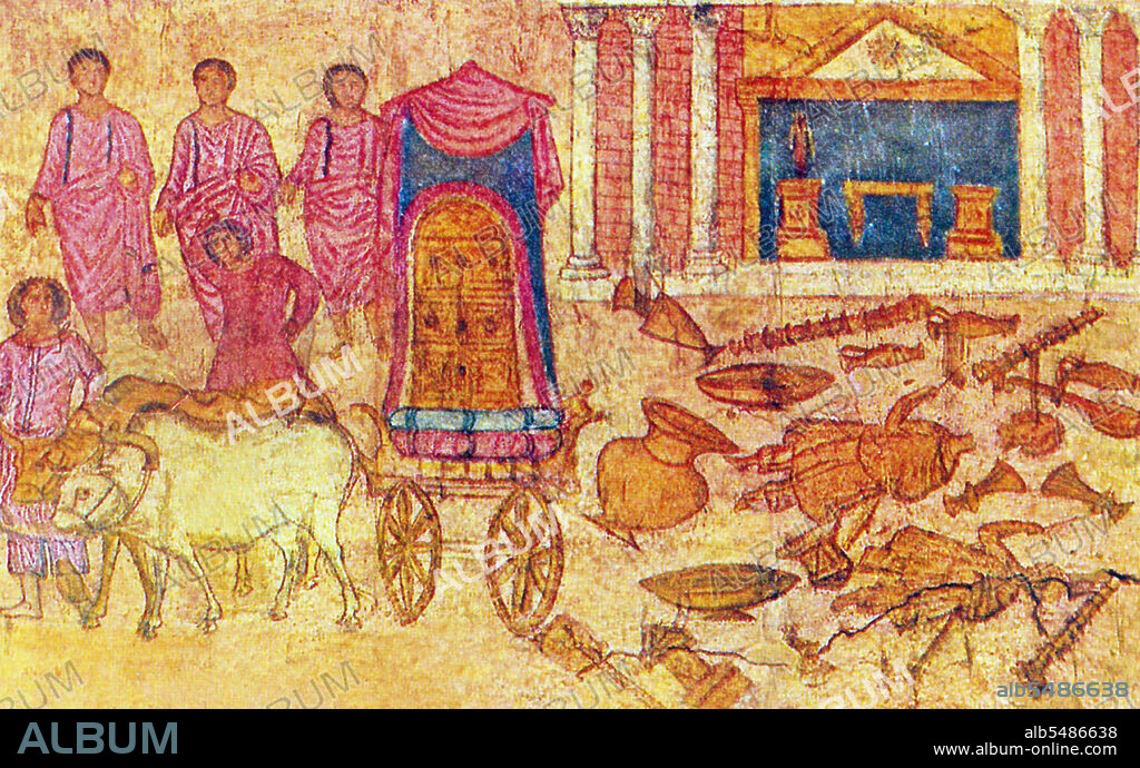 The Dura Europos synagogue is an ancient synagogue uncovered at Dura-Europos, Syria, in 1932. The last phase of construction was dated by an Aramaic inscription to 244 CE, making it one of the oldest synagogues in the world. It is unique among the many ancient synagogues that have emerged from archaeological digs as it was preserved virtually intact, and it has extensive figurative wall-paintings. These frescoes are now displayed in the National Museum of Damascus.