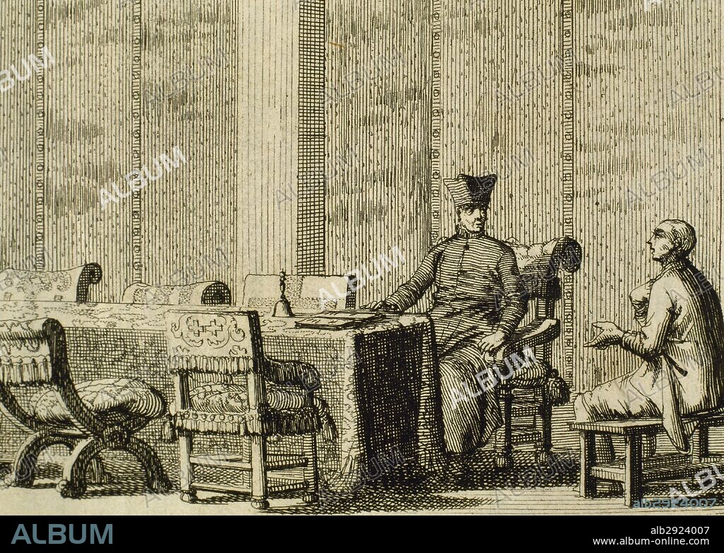 "TRIBUNAL DE LA INQUISICION. MESA DE LA INQUISICION. INQUISIDOR INTERROGANDO A UN ACUSADO". Grabado del año 1692.