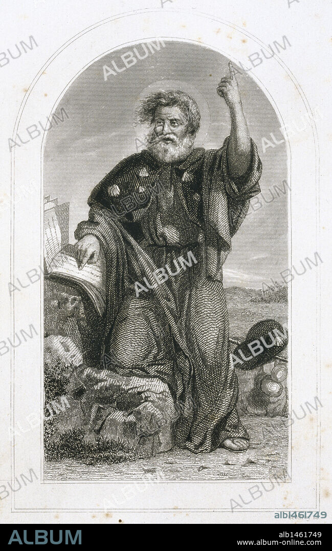 SAN JAIME o SANTIAGO EL MAYOR (¿? -h. 42 d. C.). Apóstol. Murió martirizado en tiempos de Herodes Agripa I. Se le representa como peregrino. Grabado del siglo XIX.