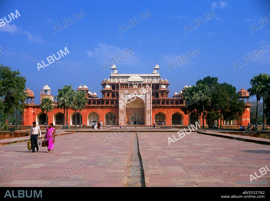 The Tomb of the the third Mughal Emperor Akbar (r. 1556-1605) is an important Mughal architectural masterpiece, built 1605-1613 and set in 48 Ha (119 acres) of grounds in Sikandra, a suburb of Agra, Uttar Pradesh, India. Emperor Akbar himself commenced its construction around 1600, according to Central Asian tradition to commence the construction of one's tomb during one's lifetime. Akbar himself planned his own tomb and selected a suitable site for it, after his death, Akbar's son Jahangir completed the construction in 1605-1613. The south gate is the largest, with four white marble chhatri-topped minarets which are similar to (and pre-date) those of the Taj Mahal, and is the normal point of entry to the tomb. The tomb itself is surrounded by a walled enclosure 105 m square. The tomb building is a four-tiered pyramid, surmounted by a marble pavilion containing the false tomb. The true tomb, as in other Mughal mausoleums, is in the basement. The buildings are constructed mainly from a deep red sandstone, enriched with features in white marble. Decorated inlaid panels of these materials and a black slate adorn the tomb and the main gatehouse. Panel designs are geometric, floral and calligraphic, and prefigure the more complex and subtle designs later incorporated in Itmad-ud-Daulah's Tomb.