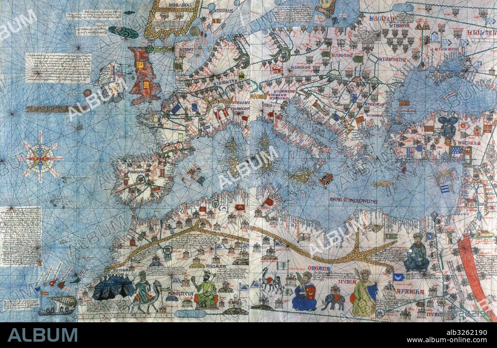 ATLAS CATALAN DE ABRAHAM Y JAFUDA CRESQUES (año 1375). Cartógrafos judíos de la escuela mallorquina "Representación del mundo conocido entonces". Biblioteca Nacional. París. Francia.