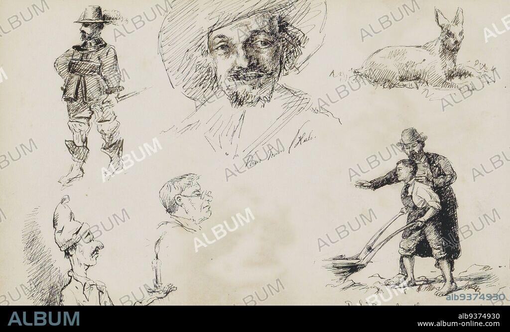 The copy is from 'De vrolijke drinker' by Frans Hals. The figure in military costume seems to have been copied freely to a figure in Rembrandt's 'Night Watch'. Also a caricature, a study of a rabbit and of a boy behind a plough. Page 26 from a sketchbook with 34 pages, Studieblad, with a copy after Frans Hals., draughtsman: Marius Bauer, Dec-1880, pen, Marius Bauer, 1880.