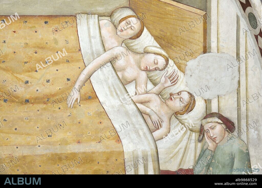 Fabriano (Italy, Marche - province of Ancona), church of San Domenico (or Santa Lucia), Chapel of Sant'Orsola (or of the Archangel Michael), Allegretto Nuzi (cycle of frescoes from the mid-14th century). Saint Nicholas of Bari giving dowries to poor girls.