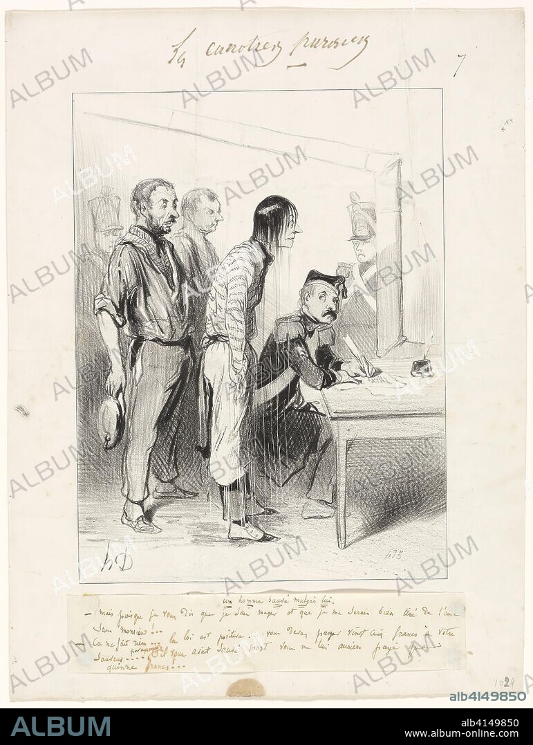 A Man Saved Against his Will, plate seven from Les Canotiers Parisiens. Honoré-Victorin Daumier; French, 1808-1879. Date: 1843. Dimensions: 252 × 190 mm (image); 352 × 266 mm (sheet). Lithograph in black, with additions in pen and brown ink (discolored to grayish brown) and caption in pen and brown ink, on ivory wove paper, tipped onto ivory wove paper. Origin: France.