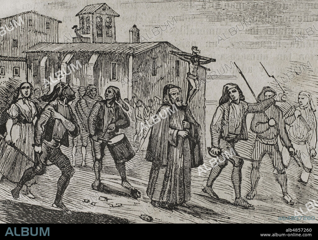 España. Cataluña. Guerra de la Independencia Española (1808-1814). Primercombate del Bruch (6 de junio de 1808). El 4 de junio de 1808 el general Schwartz partió de Barcelona por el camino de Manresa con una columna de 3800 soldados franceses. La noticia de expandió entre la población y se mandaron avisos a Manresa e Igualada, las localidades más amenazadas por el movimiento de esas tropas. En ambas localidades se tocó a somatén ese mismo día. Se llamó a todos los hombres útiles a tomar las armas. Al frente del somatén de Igualada se pusieron los señores Franch y Olzinellas, quienes intentaron conseguir armas a través del gobernador de Villafranca, quien se negó a ello. El 6 de junio por la mañana Franch y Olzinellas regresaban a Igualada sin armamento alguno. El hijo de un mercader de la villa llamado Francisco Riera se hizo con un grupo de un centenar de personas, las más combativas y provistas de armas diversas, dirigiéndose al encuentro del enemigo. Iban precedidos de un capuchino, quien llevaba en alto un gran crucifijo de madera. "Somatén de Igualada". Grabado. Historia del Levantamiento, Guerra y Revolución de España, por Conde de Toreno. Madrid,1852.