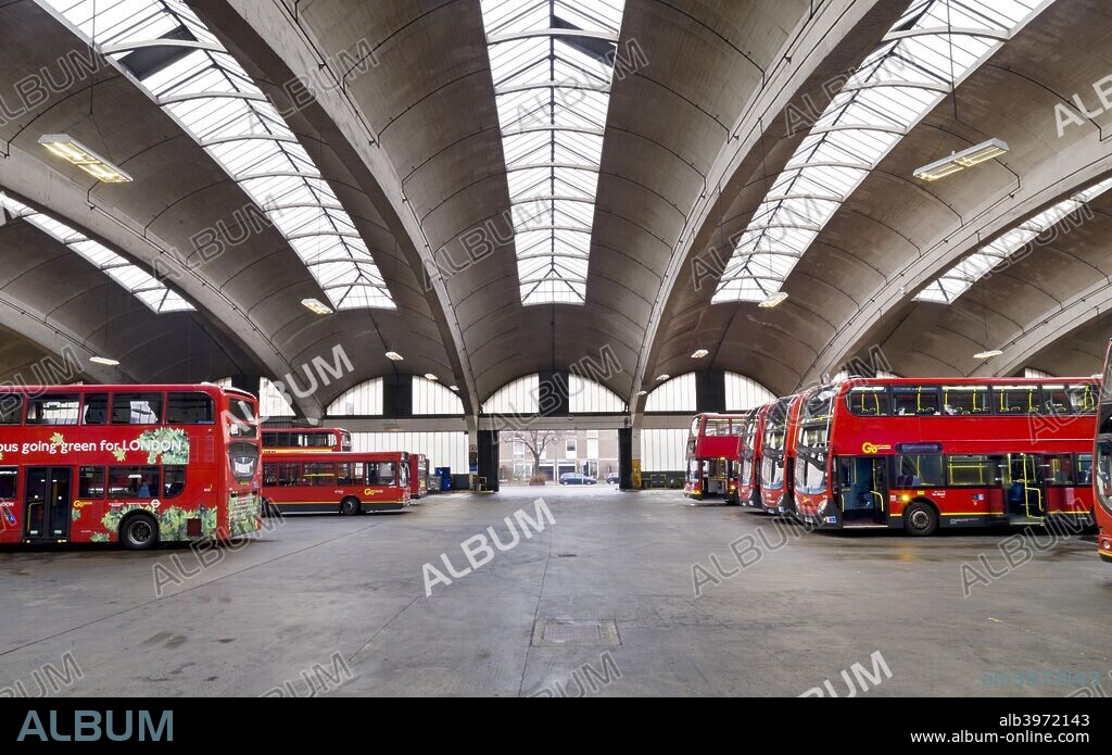 Stockwell Bus Garage, Binfield Road, Stockwell, Lambeth, London, 2010. Interior, general view of the bus garage, designed by by Adie, Button and Partners with Thomas Bilbow, and built in 1952-1953.