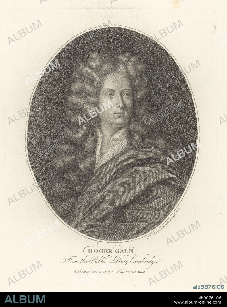 Roger Gale, English antiquary and historian, 1672-1744. Educated at Trinity College, Cambridge, VP of the Society of Antiquaries, Treasurer of the Royal Society. In powdered wig, cloak and linen shirt. Copperplate engraving by Ignatius Joseph van den Berghe from John Adolphus The British Cabinet, containing Portraits of Illustrious Personages, printed by T. Bensley for E. Harding, 98 Pall Mall, London, 1800.