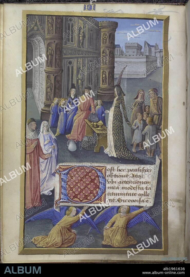 Philosophy describes to Boethius the nature of fortune. A lady and a group of people oputside a castle.  and decorated initial P. . Boethius the Consolation of Philosophy. (anonymous French translation), Le Livre de Boece de Consolacion (Book 2). France, Central (Bourges). Boethius's best known work is the Consolation of Philosophy (De consolatione philosophiae. 1477. Source: Harley 4336 f.1v. Language: Latin.