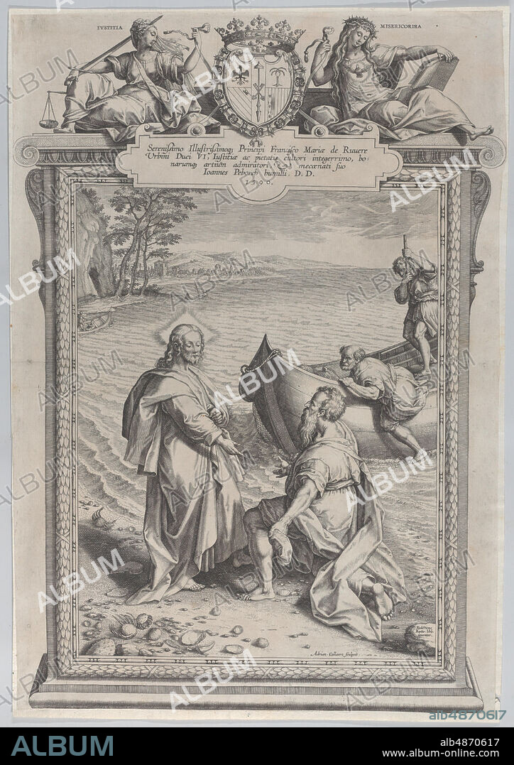 ADRIAEN COLLAERT. Christ calling Saint Andrew, who kneels before him on a beach, and Saint Peter, who climbs out of a boat at right, 1590.