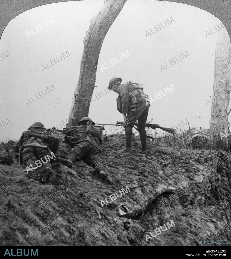 Battle of Polygon Wood, near Ypres, Flanders, Belgium, World War I, September 1917. British North Country troops attacking a German lair. The Battle of Polygon Wood was part of the larger Third Battle of Ypres (Battle of Passchendaele). Stereoscopic card. Detail.