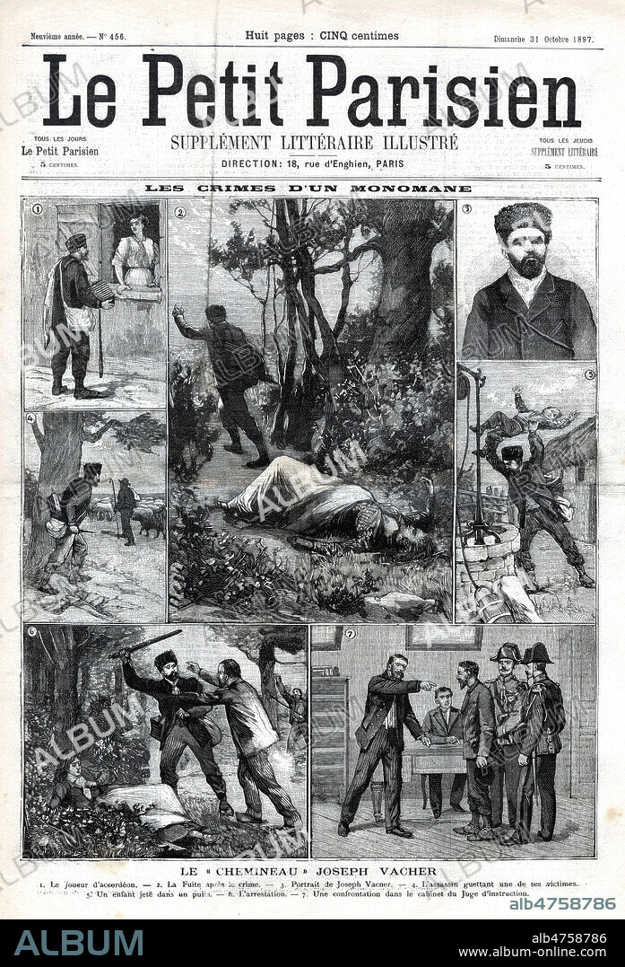 Les crimes d'un monomane. le chemineau Joseph VACHER (1869-1898). Illustration anonyme pour Le petit Parisien illustre du 31 octobre 1897. Credit : Collection KHARBINE-TAPABOR.