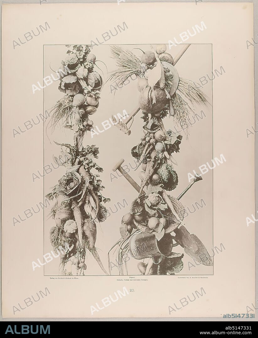 Martin Gerlach, J. Schober, Verlag Gerlach und Schenk, Festons of vegetables, beets, cereals and garden tools, Staatliche Landesbildstelle Hamburg, collection on the history of photography, paper, collotype, sheet size: height: 40.10 cm; width: 32.10 cm, inscribed: recto: Verlag von Gerlach & Schenk in Vienna, Déposé. Gerlach, Festons and decorative groups, collotype by J. Schober in Karlsruhe. Numbering, Landesbildstelle, handwritten inv. no, photography, plants and herbs.