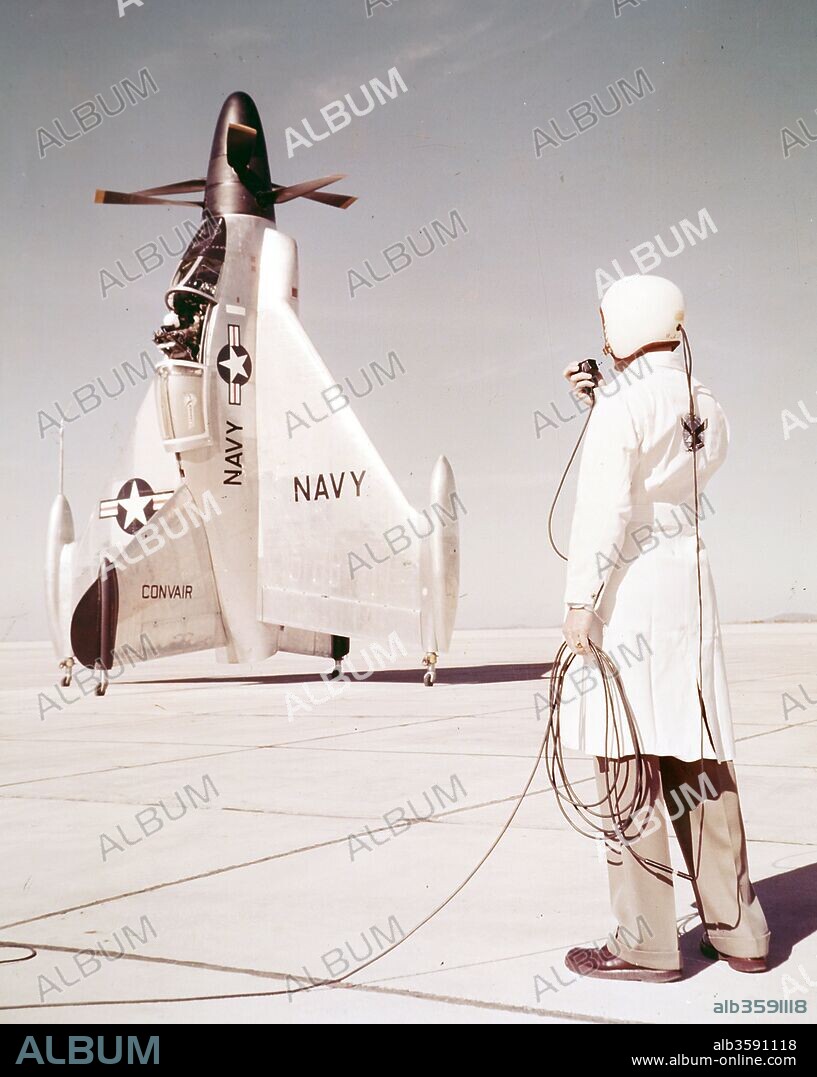 Colour photograph taken of the Convair XFY Pogo, an experimental turboprop powered tail-sitting fighter. Dated 20th Century.