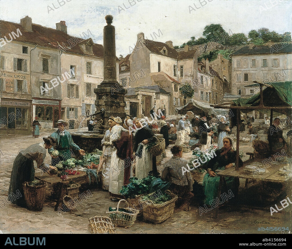 LÉON AUGUSTIN L'HERMITTE. Léon-Augustin Lhermitte (Mont Saint-Père, 1844 -París, 1925). El mercado de Château-Thierry (1879). Óleo sobre lienzo. 53,3 x 67 cm.