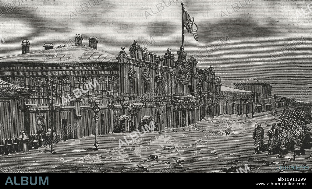 Guerra Ruso-Turca (1877-1878). Besarabia. Palacio del gran duque Nicolás (1831-1891), comandante en jefe en Chisináu (antiguamente denominada Kishinev). Grabado. "La Guerra de Oriente". Tomo II. 1877.