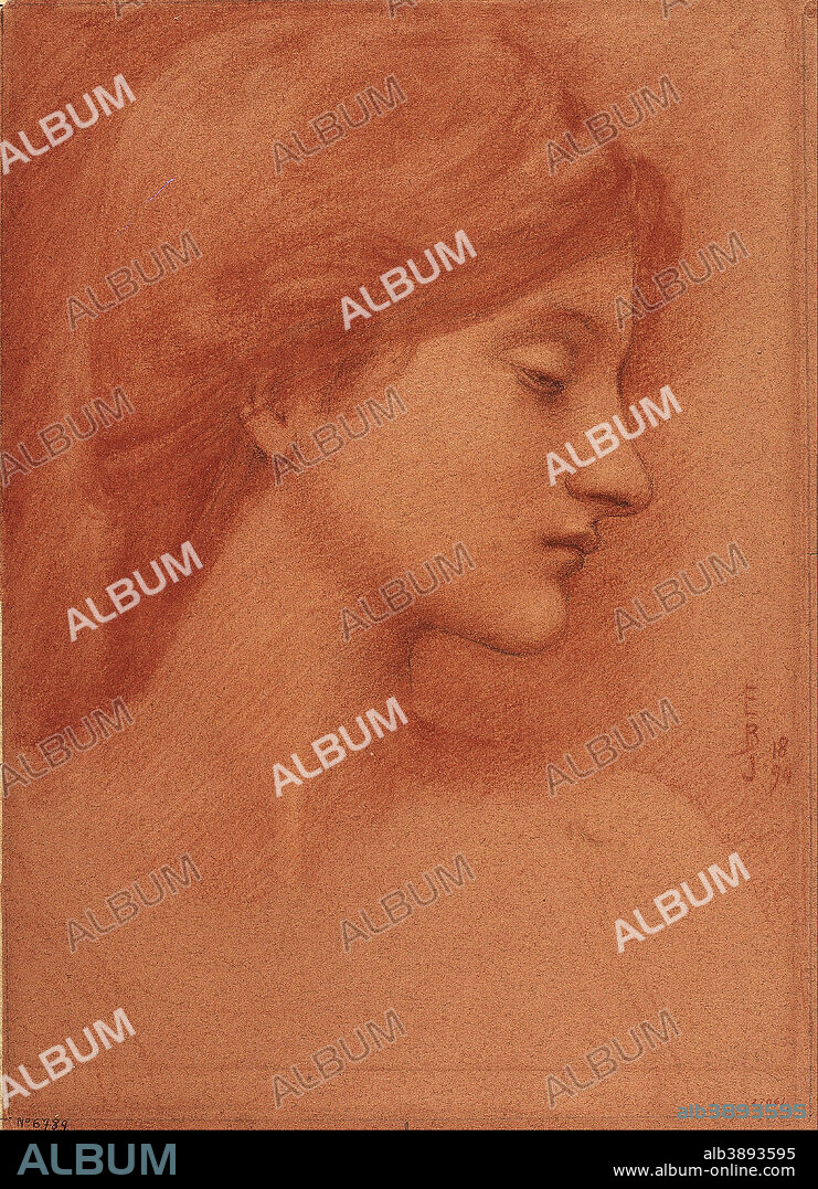 EDWARD BURNE-JONES. Study of a Female Head. Date/Period: 1894. Drawing. Sanguine and charcoal on colored paper. Height: 384 mm (15.11 in); Width: 277 mm (10.90 in).