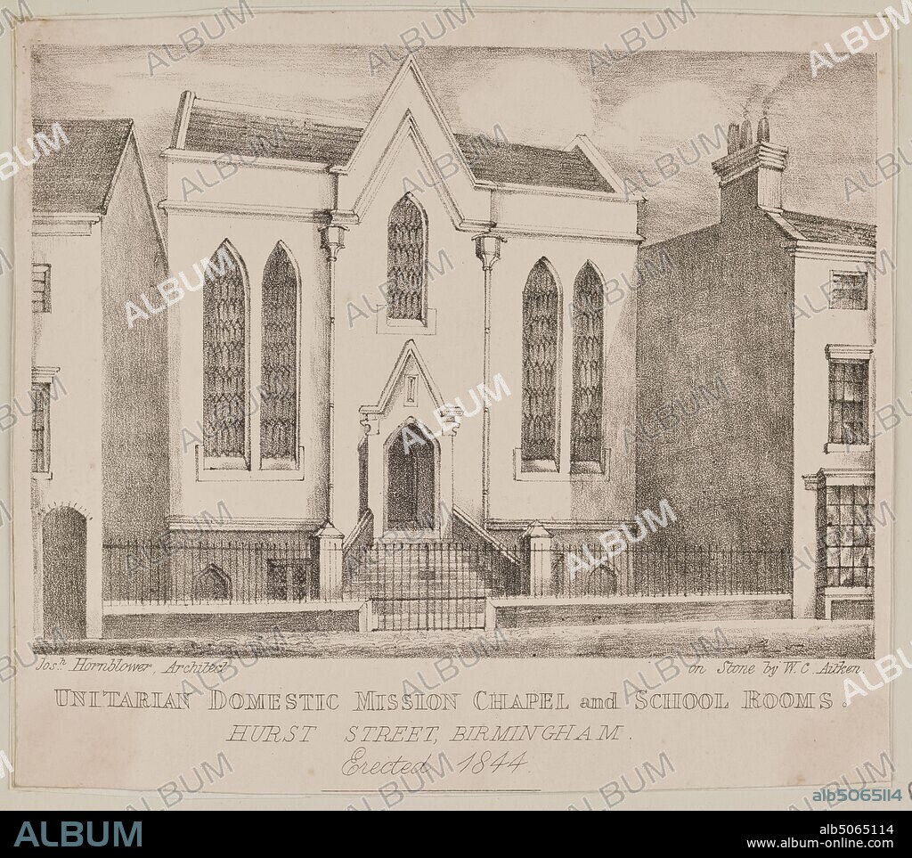 Lithograph, Unitarian Domestic Mission Chapel, Lithographer: William Costen Aitken, Topographical Views, Printing, Lithography, Birmingham history, Architecture, Church.
