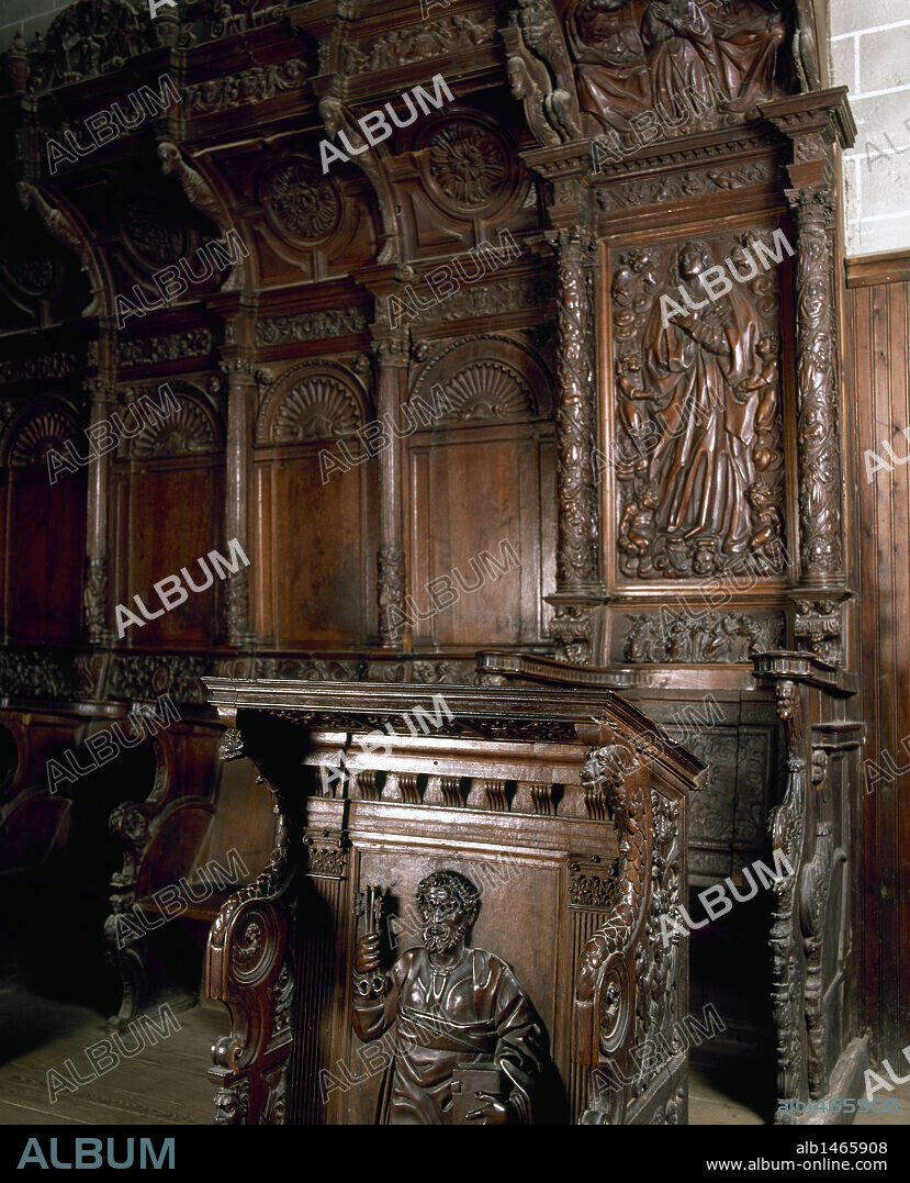 Renaissance Art. 16th century. Spain. Barbastro Cathedral. Choir stalls in oak by Geroge Comon and John Jubero. First, a relief representing St. Peter. Barbastro. Aragon.