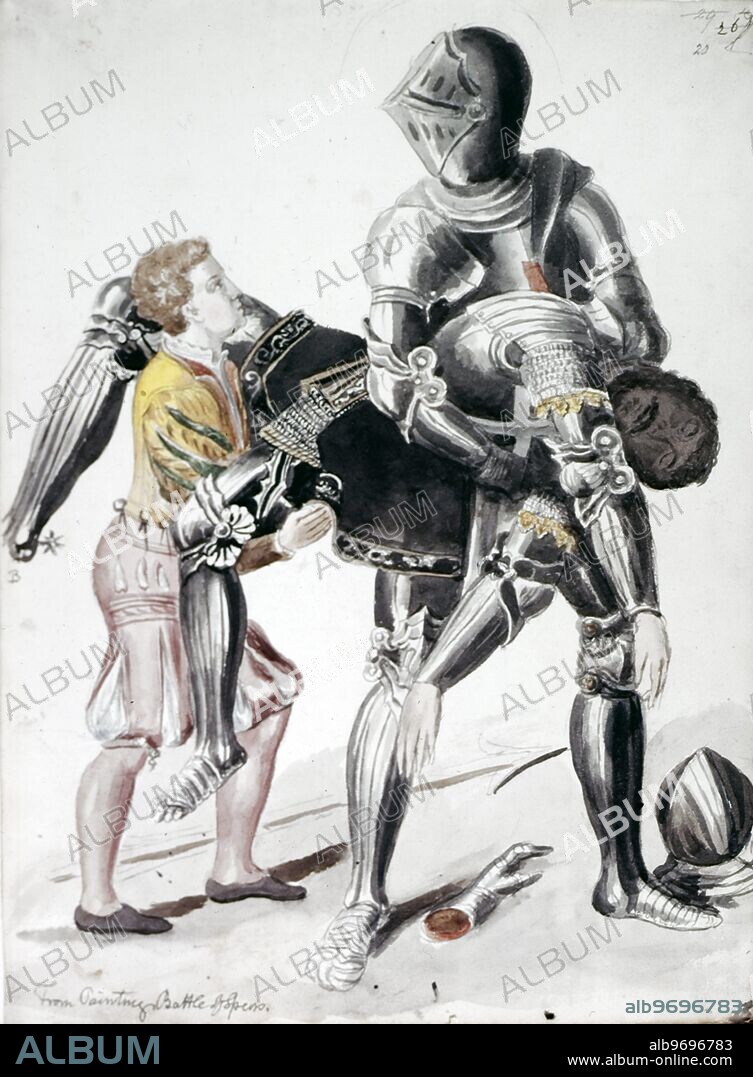 The Battle of the Spurs, 1513 (1810-1817). Drawing from part of a painting of the Battle of Spurs, fought at Guinegate, northern France, in 1513, when King Henry VIII defeated the French under the Duc de Longueville. From 'Sketches relating to the Antiquities and Architecture of England, Vol XVIII' by John Carter.