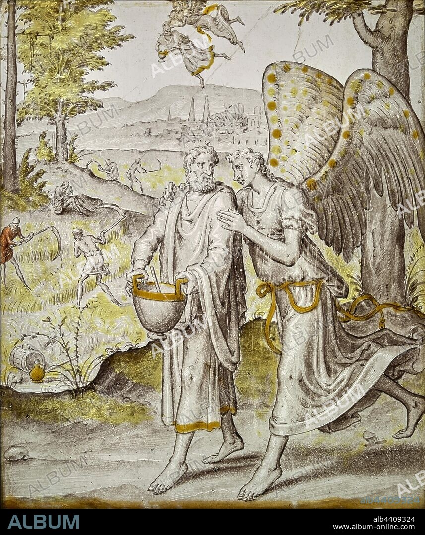 The Prophet Habakkuk and the Angel, Wouter Crabeth (Netherlandish, active 1559, died 1589), Netherlands, about 1565, Colorless glass, vitreous paint, silver stain, and sanguine, 25.8 × 21.7 cm (10 3/16 × 8 9/16 in.).