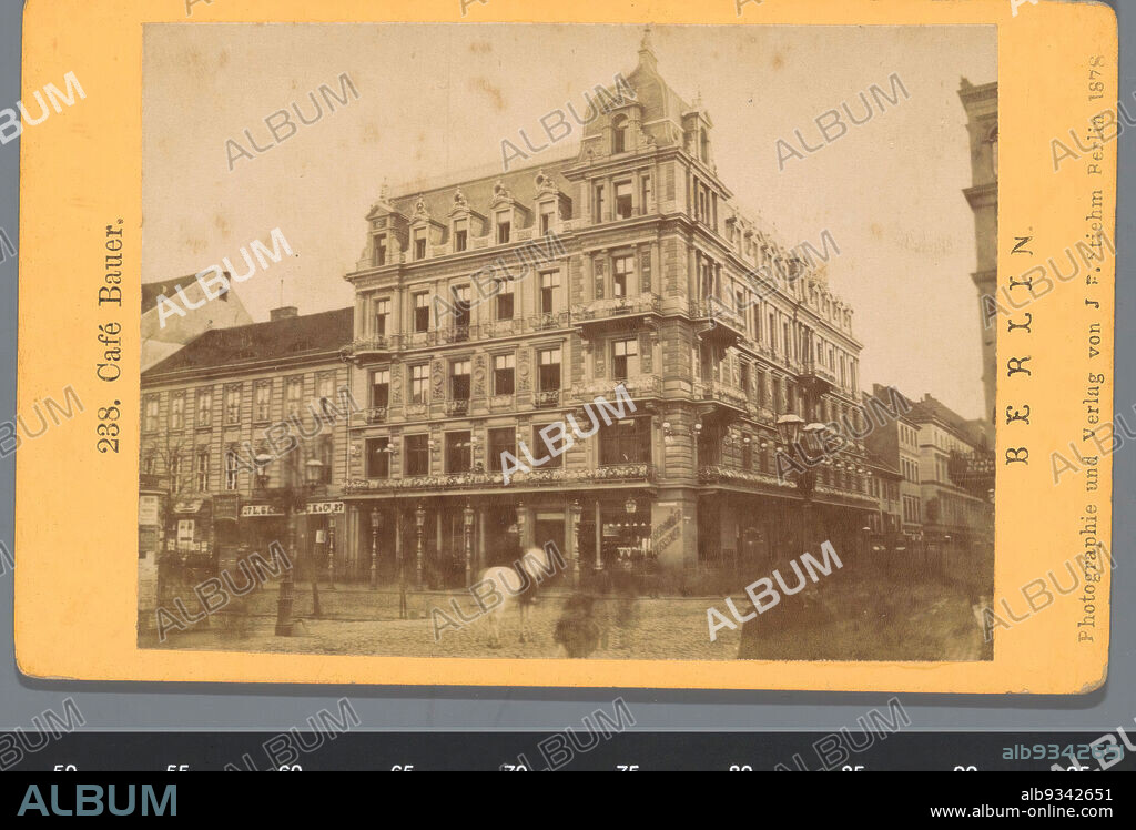 Café Bauer on Unter den Linden, Berlin, Café Bauer (title on object), Berlin (series title on object), Johann Friedrich Stiehm (mentioned on object), publisher: Johann Friedrich Stiehm (mentioned on object), Berlin, 1878, paper, cardboard, albumen print, height 67 mm × width 106 mm.