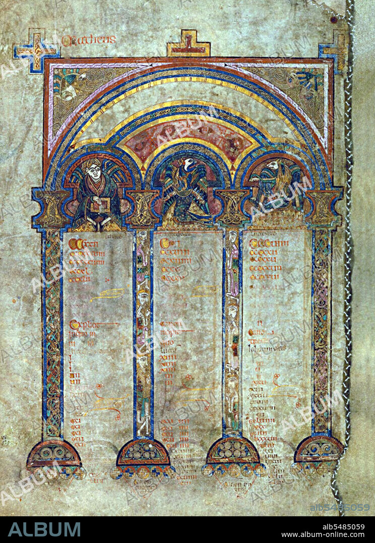 The Book of Kells (Irish: Leabhar Cheanannais) (Dublin, Trinity College Library, MS A. I. (58), sometimes known as the Book of Columba) is an illuminated manuscript Gospel book in Latin, containing the four Gospels of the New Testament together with various prefatory texts and tables. It was created by Celtic monks ca. 800 or slightly earlier. The text of the Gospels is largely drawn from the Vulgate, although it also includes several passages drawn from the earlier versions of the Bible known as the Vetus Latina. It is a masterwork of Western calligraphy and represents the pinnacle of Insular illumination. It is also widely regarded as Ireland's finest national treasure. The illustrations and ornamentation of the Book of Kells surpass that of other Insular Gospel books in extravagance and complexity. The decoration combines traditional Christian iconography with the ornate swirling motifs typical of Insular art. Figures of humans, animals and mythical beasts, together with Celtic knots and interlacing patterns in vibrant colours, enliven the manuscript's pages. Many of these minor decorative elements are imbued with Christian symbolism and so further emphasise the themes of the major illustrations. The manuscript today comprises 340 folios and, since 1953, has been bound in four volumes. The leaves are on high-quality calf vellum, and the unprecedentedly elaborate ornamentation that covers them includes ten full-page illustrations and text pages that are vibrant with decorated initials and interlinear miniatures and mark the furthest extension of the anti-classical and energetic qualities of Insular art. The Insular majuscule script of the text itself appears to be the work of at least three different scribes. The lettering is in iron gall ink, and the colours used were derived from a wide range of substances, many of which were imports from distant lands. The manuscript takes its name from the Abbey of Kells that was its home for centuries. Today, it is on permanent display at the Trinity College Library, Dublin.