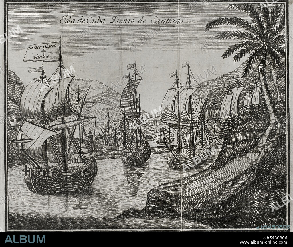 Diego Velázquez de Cuéllar (1465-1524) had the intention of ceasing Hernán Cortés. In anticipation of this punishment, Hernán Cortés' fleet left the port of Santiago de Cuba in haste on 18th November 1518. Engraving. "Historia de la Conquista de México, población, y progresos de la América septentrional, conocida por el nombre de Nueva España" (History of the Conquest of Mexico, population, and progress of northern America, known by the name of New Spain). Written by Antonio de Solís y Rivadeneryra (1610-1686), Chronicler of the Indies. Volume I. Edition published in Barcelona and divided into two volumes, 1771. King's printer: Thomas Piferrer. Historical Military Library of Barcelona. Catalonia, Spain.