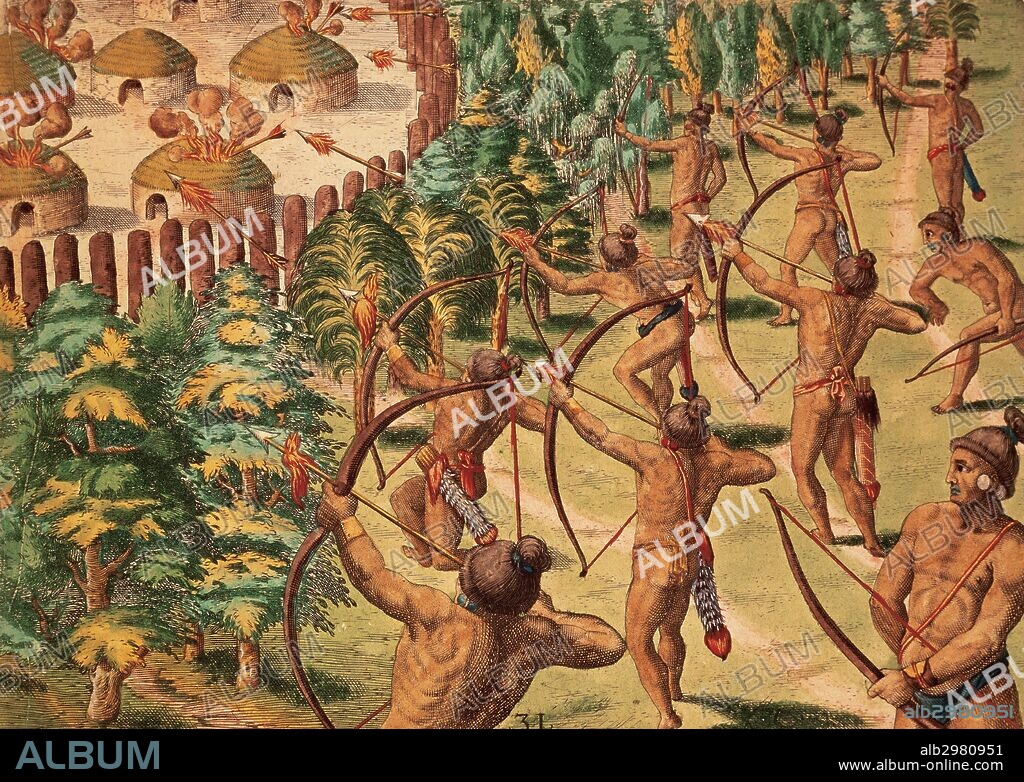 HISTORIA DE LA FLORIDA. SIGLO XVI. "La época de la llegada de los Europeos a La Florida se caracterizó por las guerras tribales que se posicionaron a favor o en contra de los recién llegados españoles y posteriormente con los Hugonetas franceses. En 1562 se declaró la guerra entre tres monarcas, Satouriona, Outina y Potanou. El dibujante JACQUES LE MOYNE DE MORGUES, lo inmortalizó todo en su estancia en La Florida. Obra de THEODORE DE BREY. Obra editada en Frankfurt-am-Main, en el año 1591. Alemania. Bibliotheque du Service hydrographique de la Marine. París. Francia.