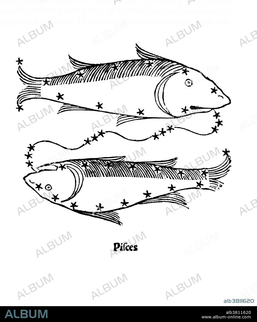 Pisces is a constellation of the zodiac. Its name is the Latin plural for fish. It is one of the 48 constellations described by the 2nd century astronomer Ptolemy, and remains one of the 88 modern constellations defined by the International Astronomical Union. It lies between Aquarius to the west and Aries to the east. The ecliptic and the celestial equator intersect within this constellation and in Virgo. Pisces is the twelfth astrological sign in the Zodiac, originating from the Pisces constellation. The Sun transits this area on average between February 19 to March 20 each year. Poeticon astronomicon is a star atlas whose authorship is disputed. The work was originally attributed to the Roman historian Gaius Julius Hyginus (64 BC - AD 17). The Poeticon astronomicon was not formally published until 1482, by Erhard Ratdolt. He commissioned a series of woodcuts, but the relative positions of the stars bear little resemblance to the descriptions given by Hyginus in the text or the actual positions of the stars in the sky.