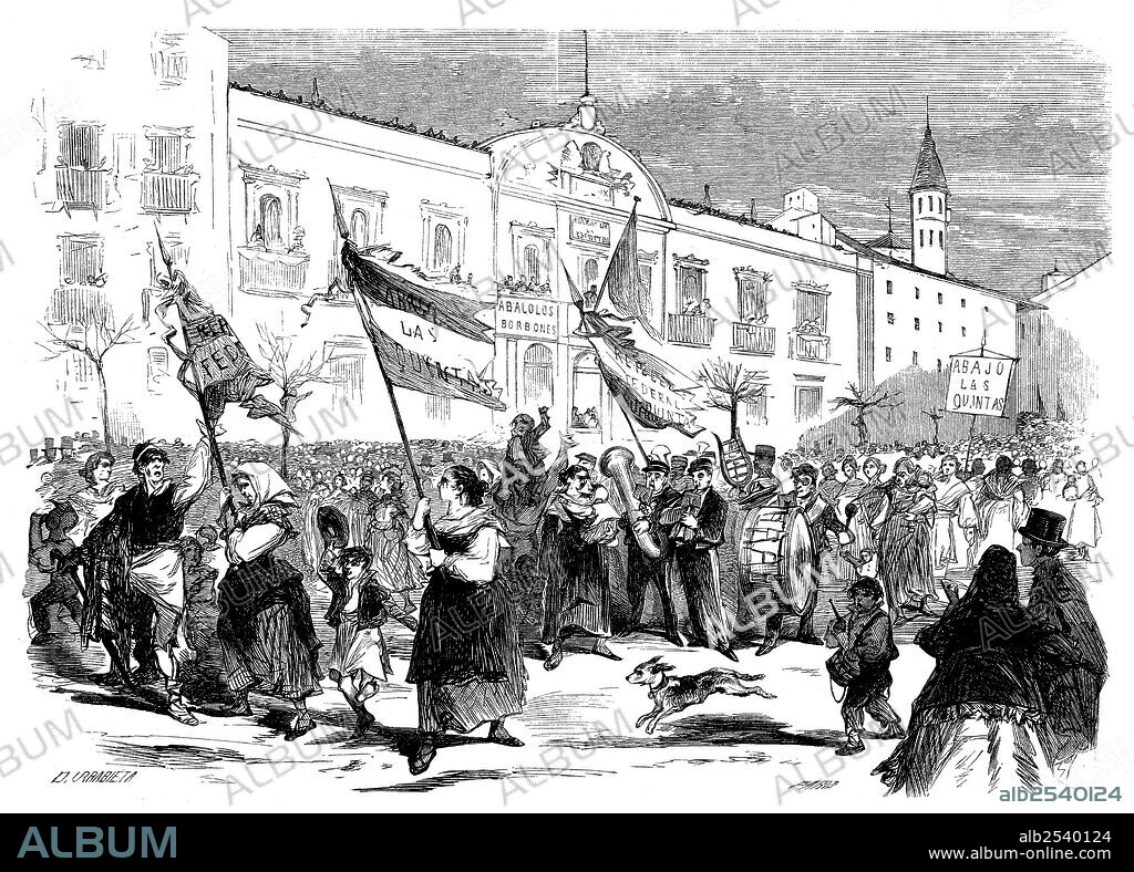 Zaragoza. Manifestación de las zaragozanas contra el reclutamiento de las quintas con destino a África. Grabado de 1868.
