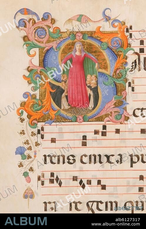 Strozzi, Zanobi (1412-1468) und Torelli, Filippo di Matteo.-Historisierte Initiale "S" (Salve Sancta Parens) mit Darstellung der Schutzmantelmadonna mit Dominikanern.-Buchmalerei, um 1446/54. Malerei und Blattgold auf Pergament, 63 x 46 cm. Aus dem Graduale B von San Marco. Cod.515, fol.177 v,.