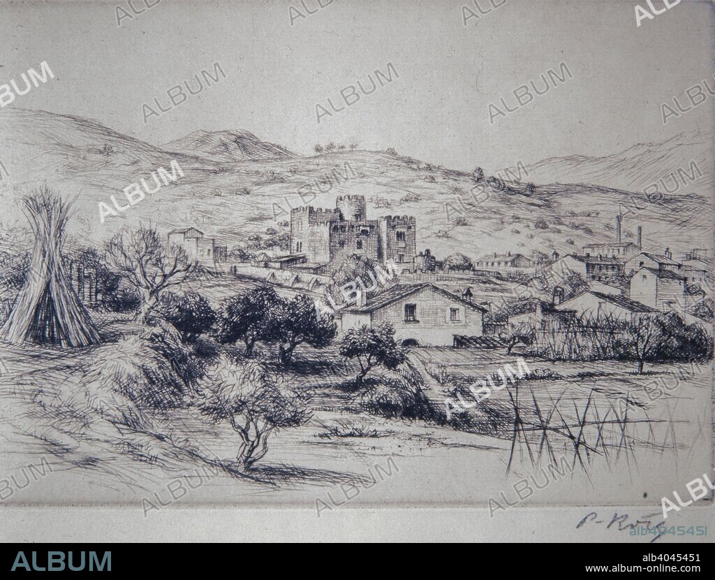 Pau Roig, grabado paisaje del Maresme, años 30.