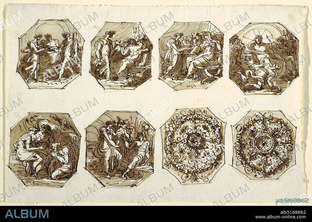 Six Octagonal Compostions, Hercules and Hebe, Two Foliated Ornaments, Sala di Ercole e Ebe, Palazzo Gessi, Felice Giani, Italian, 17581823, Pen and brown ink, brush and brown wash over black chalk on laid paper, Six octagons showing Hercules and Hebe: 1) Wedding of Hebe and Hercules; their right hands joined as they stand before Jupiter. 2) Hebe offers nectar to Jupiter and approaches seated gods. 3) Hebe offers nectar to Juno, seated at right, in front of goddesses. 4) Hebe shown falling, holding pitcher and cup. Gods seated in rear with Jupiter in center. On the bottom: 5) Hebe rejuvenates charioteer of Hercules. Hebe seated at left, holds bowl from which kneeling man drinks. Hercules with chariot. 6) Hebe offers nectar to Hercules. Mercurius leads her to Hercules. Two foliated ornaments of different designs, each consisting of center rosette and outer wreath connected by radially disposed plant motifs., Italy, 1813, figures, Drawing, Drawing.