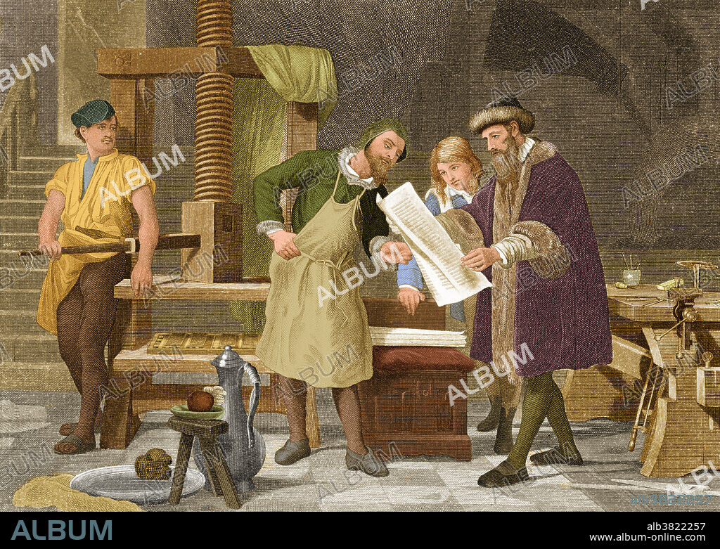 Gutenberg inspecting the first proof sheet of his Bible printed from movable type. Johannes Gensfleisch zur Laden zum Gutenberg (1398-1468) was a German blacksmith, goldsmith, printer, and publisher who introduced modern book printing. His invention of mechanical movable type printing started the Printing Revolution and is widely regarded as the most important event of the modern period. It played a key role in the development of the Renaissance, Reformation, the Age of Enlightenment and the Scientific Revolution and laid the material basis for the modern knowledge-based economy and the spread of learning to the masses. He was the first European to use movable type printing, in around 1439.
