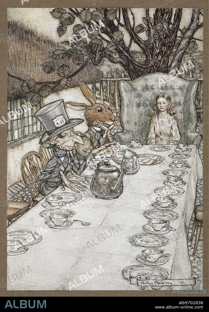 Alice at the Mad Hatter's Tea Party with the March Hare, the Dormouse and the Mad Hatter,A Mad Tea Party.