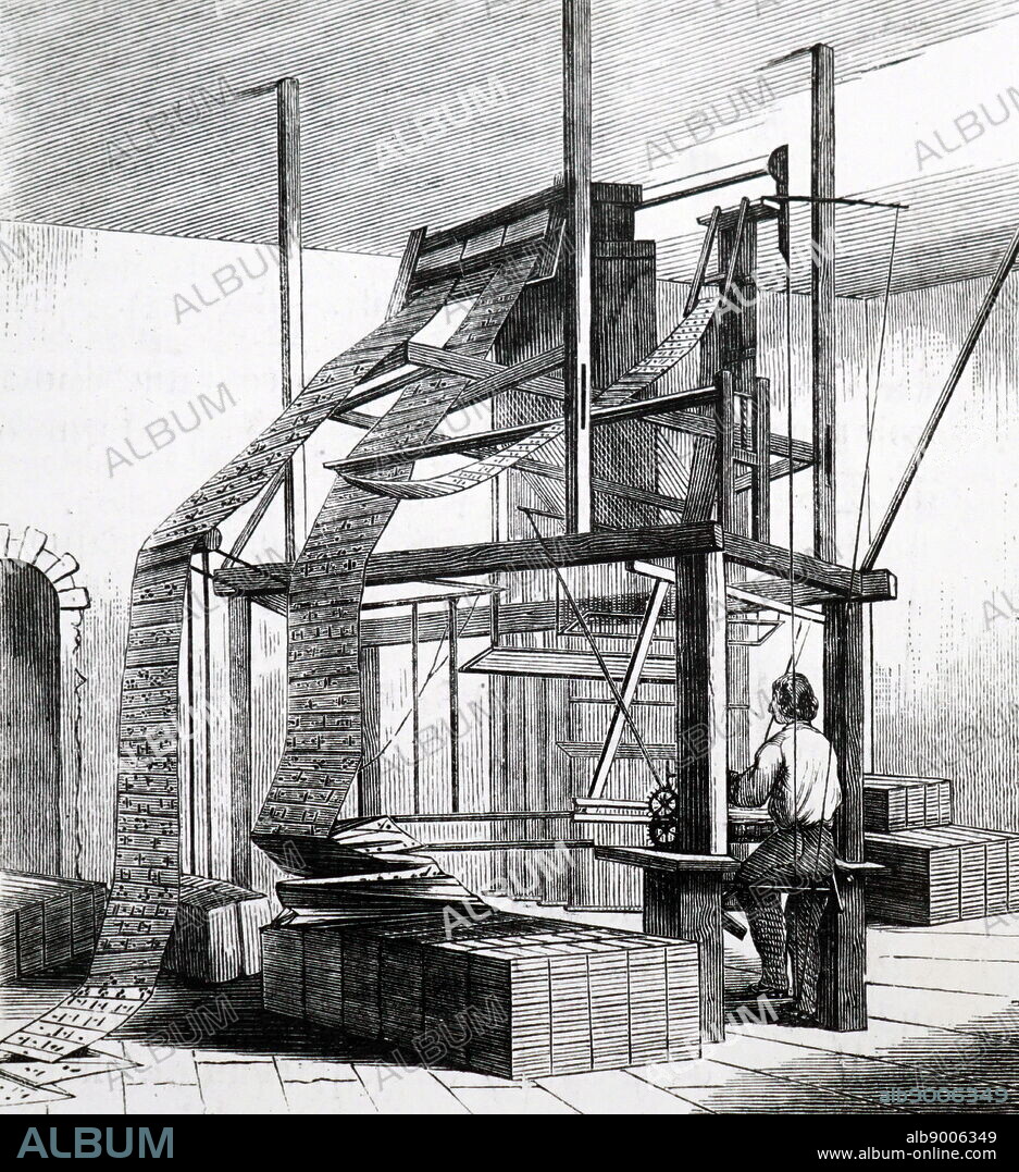 Jacquard loom showing the punched cards carrying the pattern instructions. These were strips of pasteboard - or sometimes tin - 304-608mm long by 50-75mm wide, with perforations t.35 in diameter. A card was needed for each weft thread of a pattern and, although 400-800 cards were normally used, patterns needing 24,000 were sometimes worked. From Louis Figuier Les Grandes Inventions, Paris, 1863.