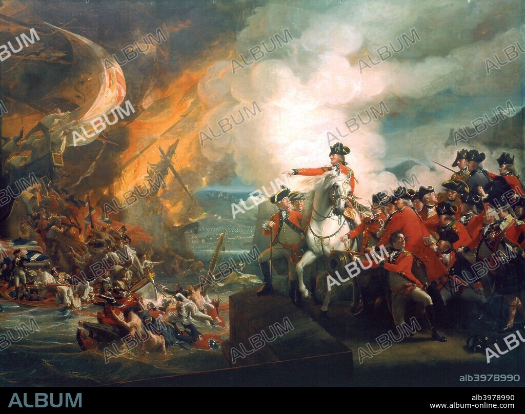 'Defeat of the Floating Batteries at Gibraltar', 1782 (c1783). General Sir George Eliott is on horseback pointing to the battle between the British and the Spanish land and sea forces. Eliott (1717-1790) played a prominent role in withstanding the Franco-Spanish siege of Gibraltar in 1779-1783, for which he was knighted. He was created Baron Heathfield in 1787.